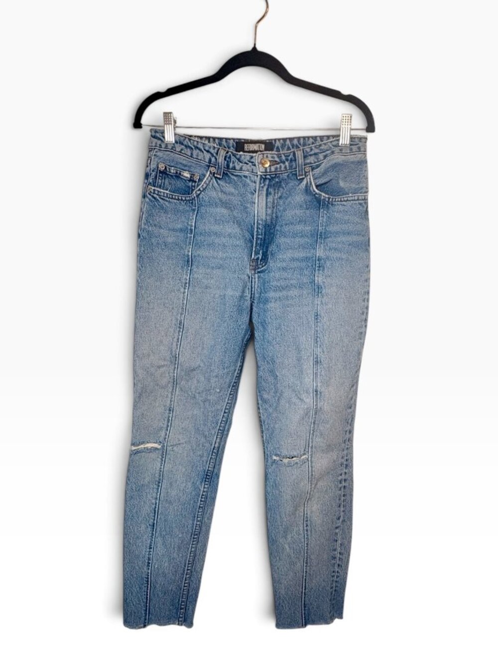 Reformation Celtic Light Wash Seamed Distressed Straight Jeans Size 28